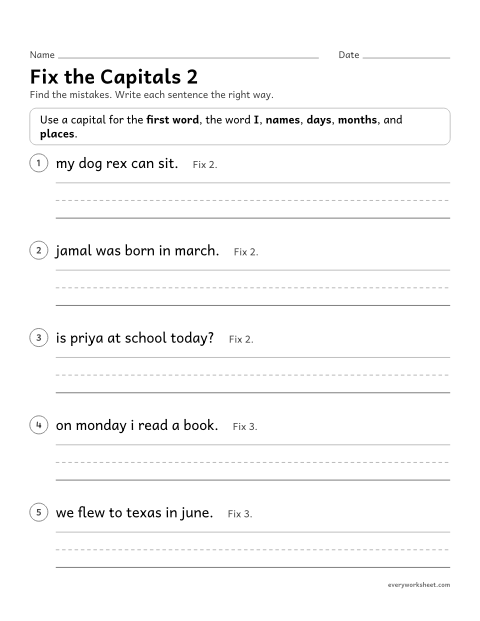 Preview of the printable “Fix the capitals 2” worksheet: correcting capital letters in sentences