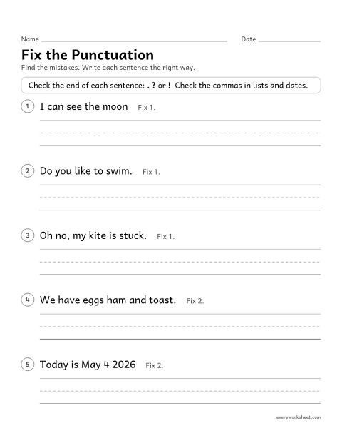 Preview of the printable “Fix the punctuation” worksheet: correcting end marks and commas in sentences