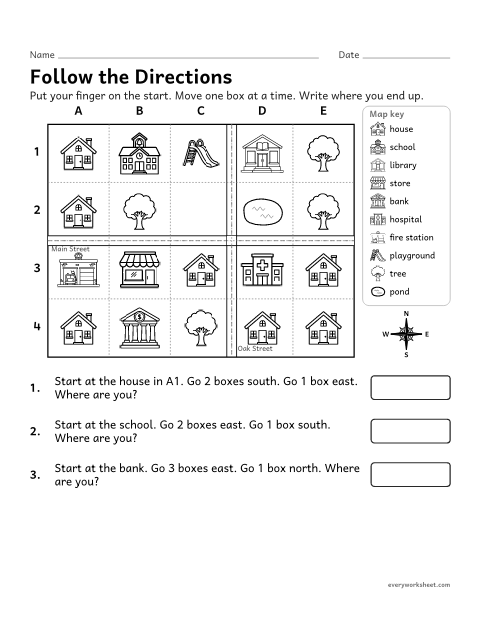 Preview of the printable “Follow the directions map worksheet” worksheet: following directions with north, south, east and west on a grid map