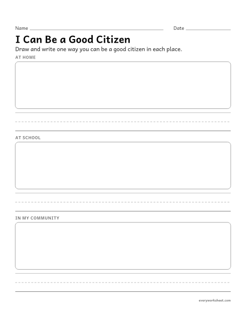 Preview of the printable “Being a good citizen at Home, at school and in my community” worksheet: describing ways to be a good citizen at home, at school and in the community