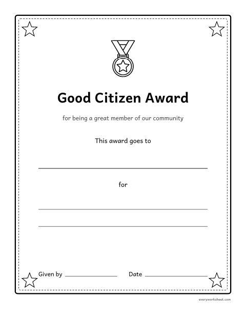 Preview of the printable “Good citizen award certificate” worksheet: recognizing good citizenship