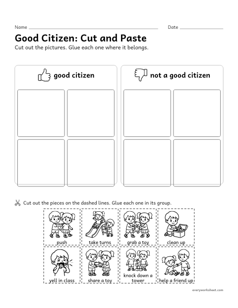 Preview of the printable “Good citizen cut and paste” worksheet: sorting actions that do and do not show good citizenship