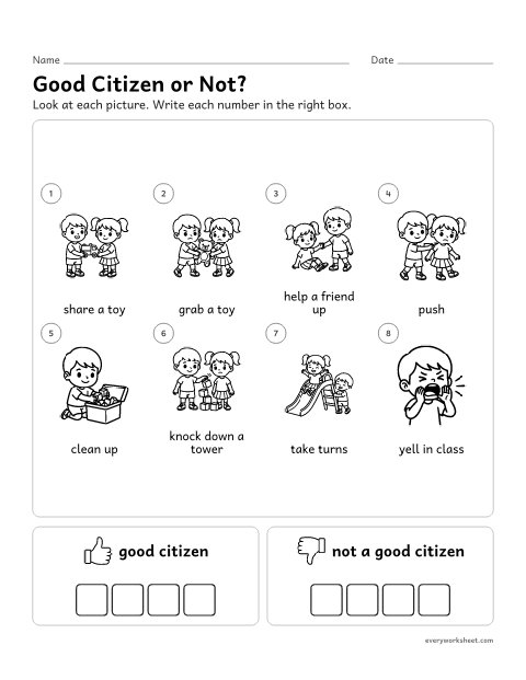 Preview of the printable “Good citizen or Not? sort worksheet” worksheet: sorting actions that do and do not show good citizenship