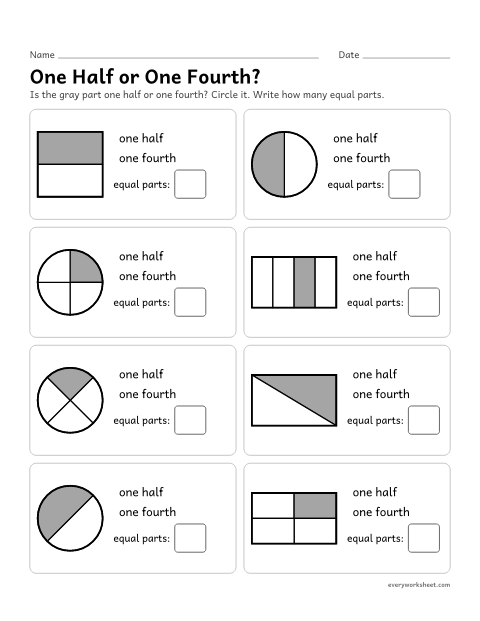 Preview of the printable “One half or one Fourth?” worksheet: naming a shaded share as one half or one fourth (one quarter)