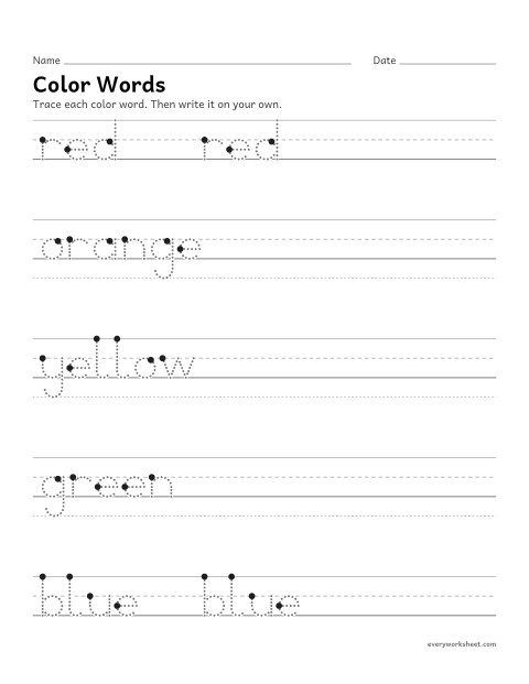 Preview of the printable “Color words” worksheet: writing color words