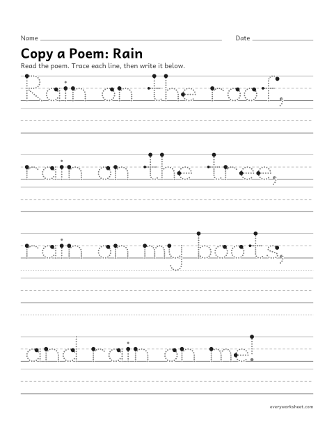 Preview of the printable “Copy a Poem: rain” worksheet: printing the lines of a short poem