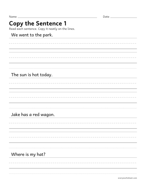 Preview of the printable “Copy the sentence 1” worksheet: copying sentences neatly with spaces between words