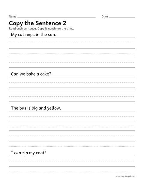 Preview of the printable “Copy the sentence 2” worksheet: copying sentences neatly with spaces between words