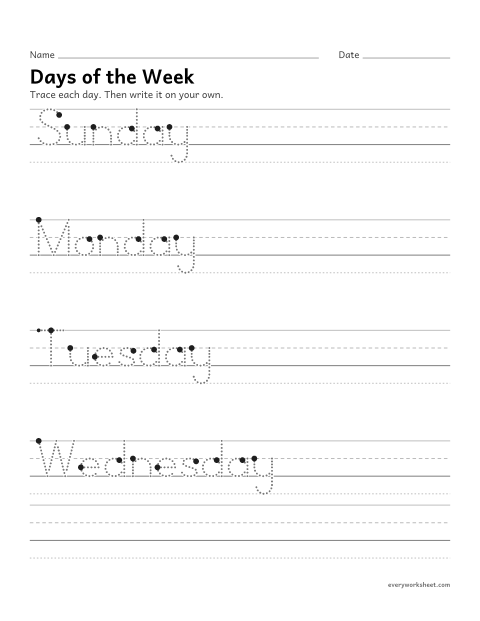 Preview of the printable “Days of the week” worksheet: writing the days of the week with a capital letter