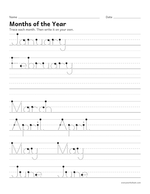 Preview of the printable “Months of the year” worksheet: writing the months of the year with a capital letter