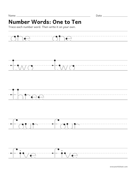 Preview of the printable “Number Words: one to ten” worksheet: writing the number words one to ten