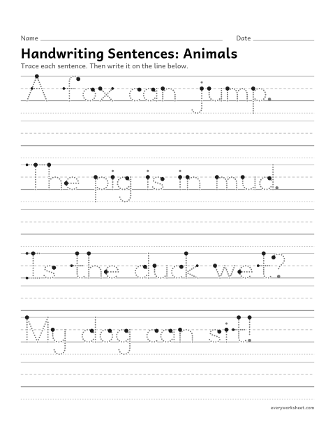 Preview of the printable “Handwriting Sentences: animals” worksheet: printing short sentences with spaces and end marks