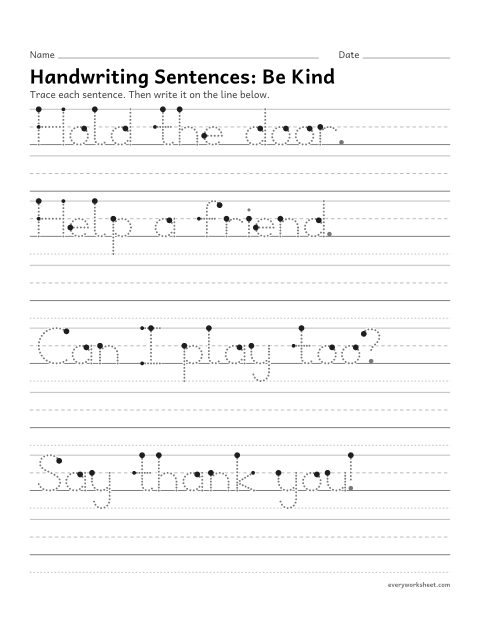 Preview of the printable “Handwriting Sentences: be kind” worksheet: printing short sentences with spaces and end marks
