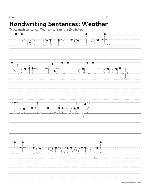 Preview of the printable “Handwriting Sentences: weather” worksheet: printing short sentences with spaces and end marks