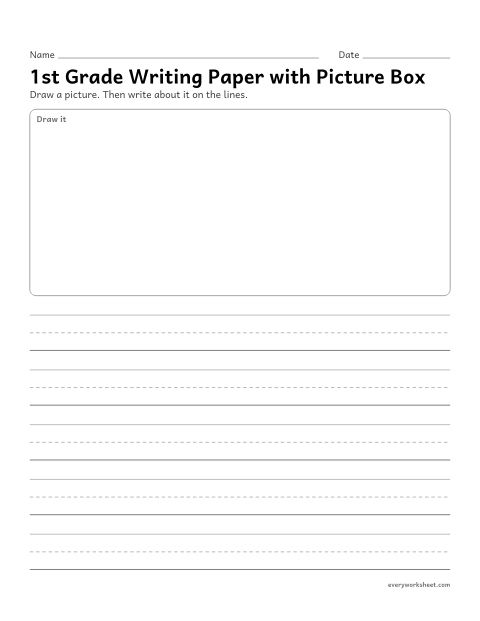 Preview of the printable “1st grade writing paper with picture box” worksheet: drawing and writing on 1st grade lined paper