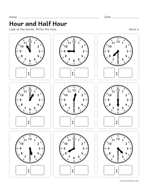 Preview of the printable “Hour and half Hour, sheet A” worksheet: reading clocks to the hour and half hour