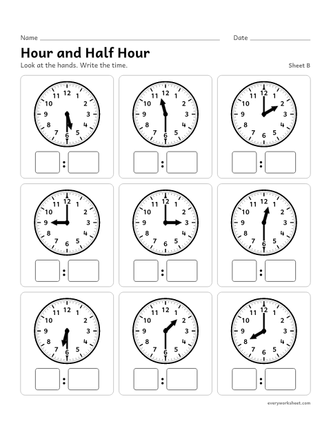 Preview of the printable “Hour and half Hour, sheet B” worksheet: reading clocks to the hour and half hour
