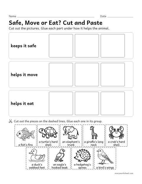Preview of the printable “How animal parts help cut and paste” worksheet: sorting animal parts by how they help the animal survive