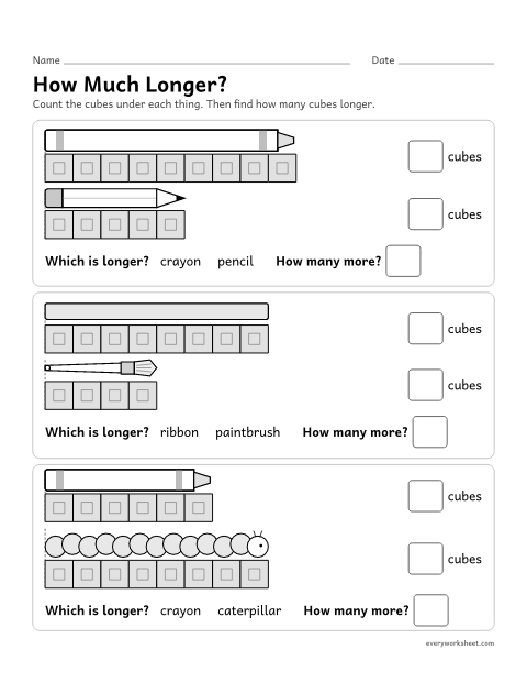 Preview of the printable “How much Longer?” worksheet: measuring two objects in cubes and finding how many cubes longer one is