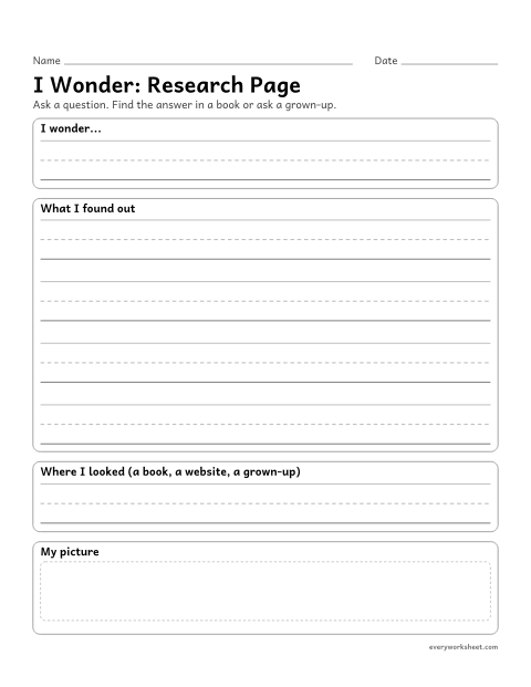 Preview of the printable “I Wonder: research page” worksheet: gathering information from books and grown-ups to answer a question