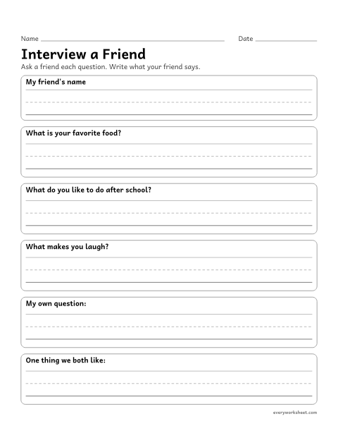 Preview of the printable “Interview a friend” worksheet: asking a partner questions and writing down the answers