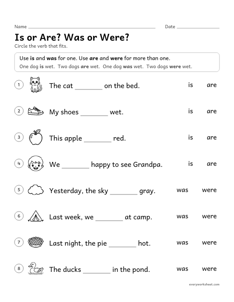 Preview of the printable “Is or Are? was or Were?” worksheet: using is, are, was and were
