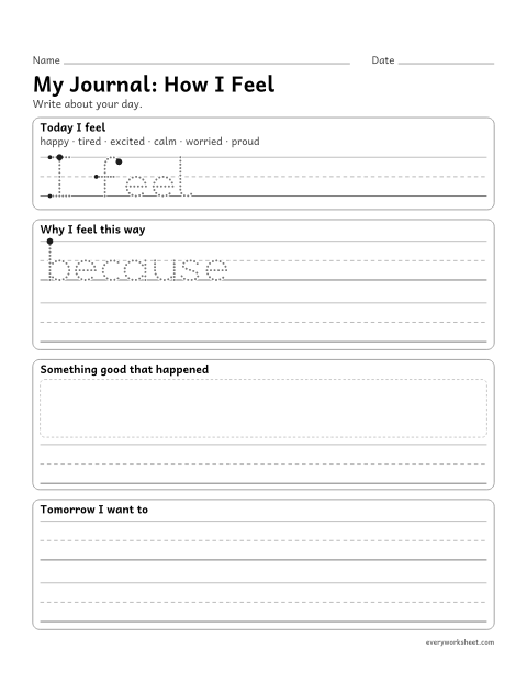 Preview of the printable “My Journal: how I feel” worksheet: writing about feelings and experiences in a journal