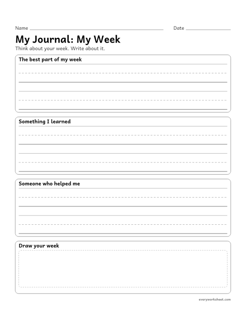 Preview of the printable “My Journal: my week” worksheet: recalling events from the week in a journal