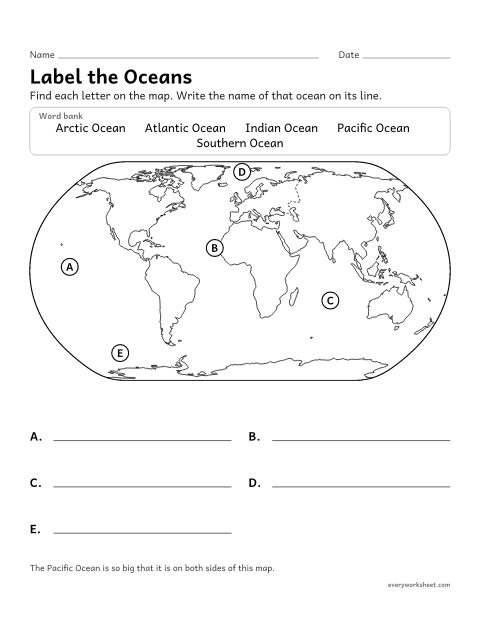Preview of the printable “Label the 5 oceans worksheet” worksheet: labeling the 5 oceans on a world map