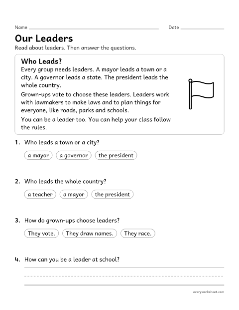 Preview of the printable “Community and government leaders reading passage” worksheet: reading about leaders and what government does