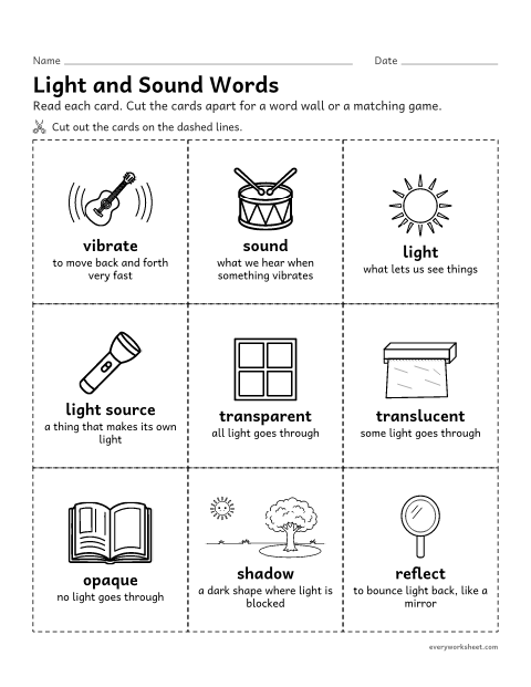 Preview of the printable “Light and sound vocabulary cards” worksheet: learning light and sound words