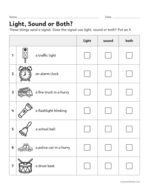 Preview of the printable “Light and sound signals sort” worksheet: sorting devices that send signals with light, sound or both