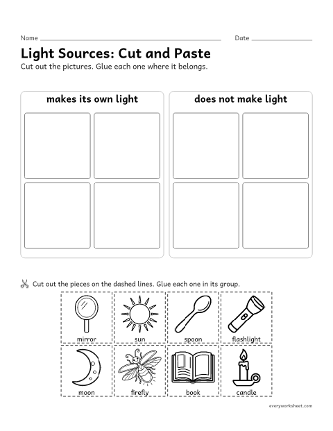 Preview of the printable “Light sources cut and paste” worksheet: sorting things that make their own light from things that do not