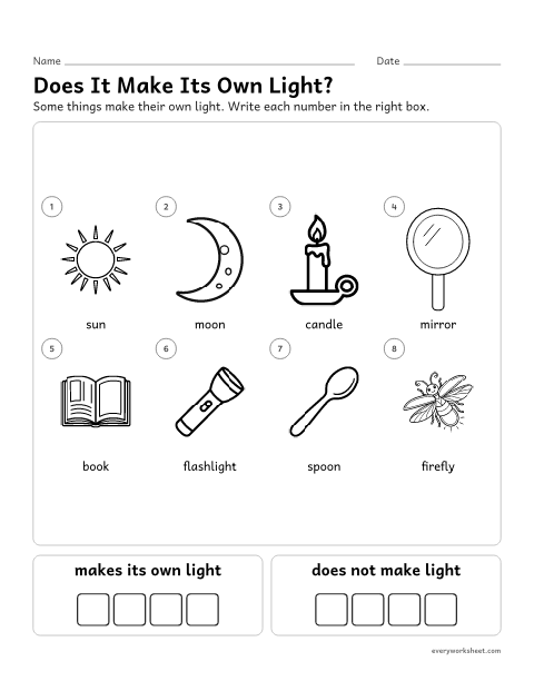 Preview of the printable “Light sources sort worksheet” worksheet: sorting things that make their own light from things that do not