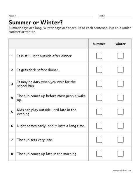 Preview of the printable “Long summer days or short winter days sort” worksheet: relating everyday observations to the amount of daylight in summer and winter