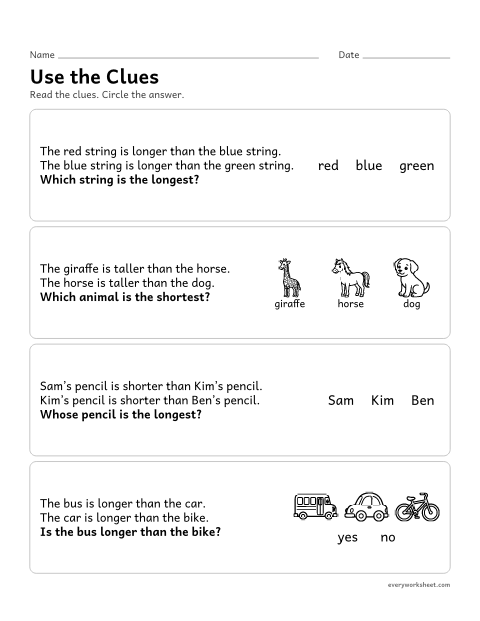 Preview of the printable “Use the clues” worksheet: comparing two lengths by using a third (if A is longer than B and B is longer than C, A is longer than C)