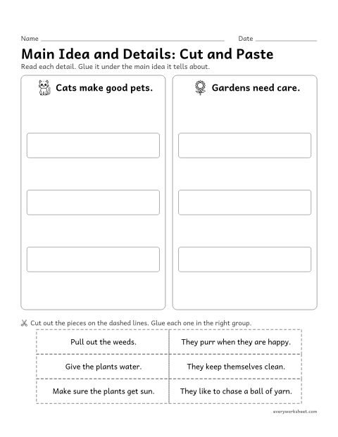 Preview of the printable “Main idea and Details: cut and paste” worksheet: sorting details under the main idea they support (cut and paste)