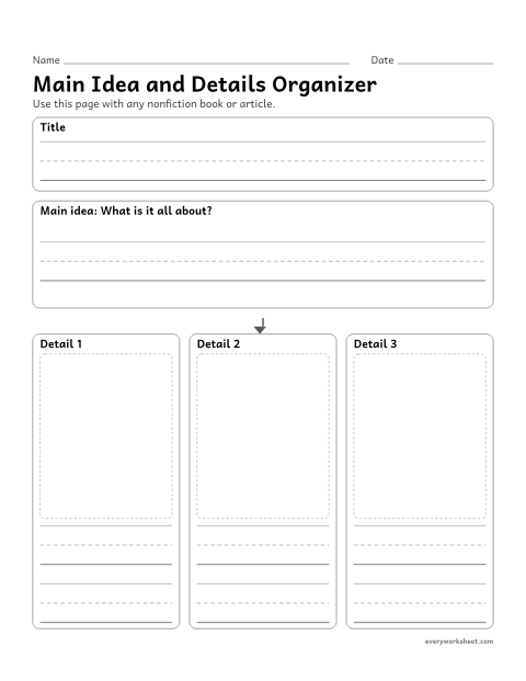 Preview of the printable “Main idea and details organizer” worksheet: planning the main idea and details of any nonfiction text