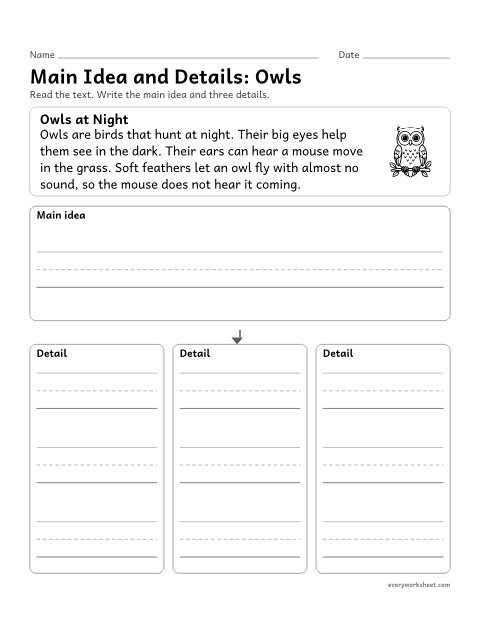 Preview of the printable “Main idea and Details: owls” worksheet: finding the main idea and three key details in a short text