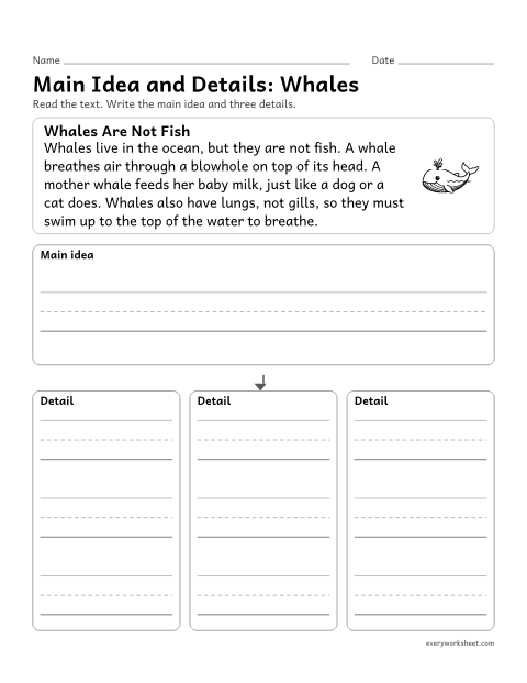 Preview of the printable “Main idea and Details: whales” worksheet: finding the main idea and three key details in a short text