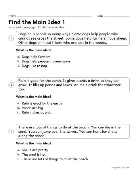 Preview of the printable “Find the main idea 1” worksheet: choosing the main idea of a short paragraph