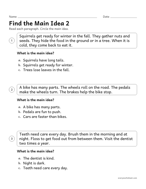 Preview of the printable “Find the main idea 2” worksheet: choosing the main idea of a short paragraph