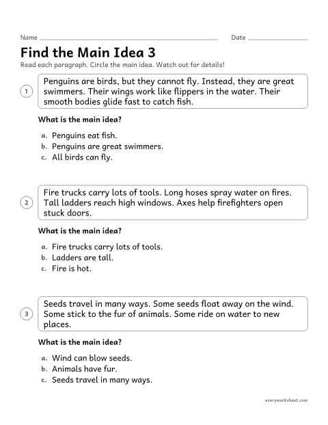 Preview of the printable “Find the main idea 3” worksheet: telling the main idea from a detail
