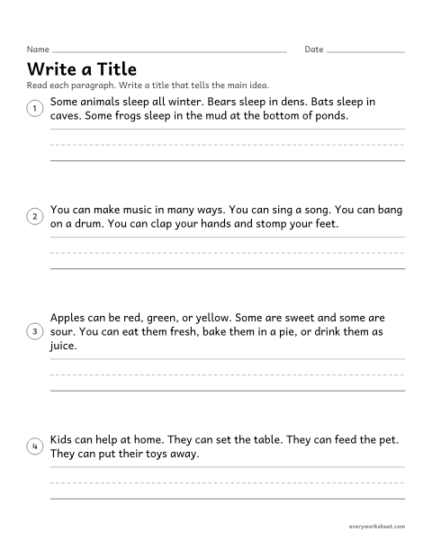 Preview of the printable “Write a title” worksheet: writing a title that tells the main idea of a paragraph