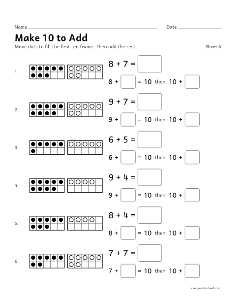 Preview of the printable “Make 10 to Add, sheet A” worksheet: making 10 to add (8 + 6 = 10 + 4)