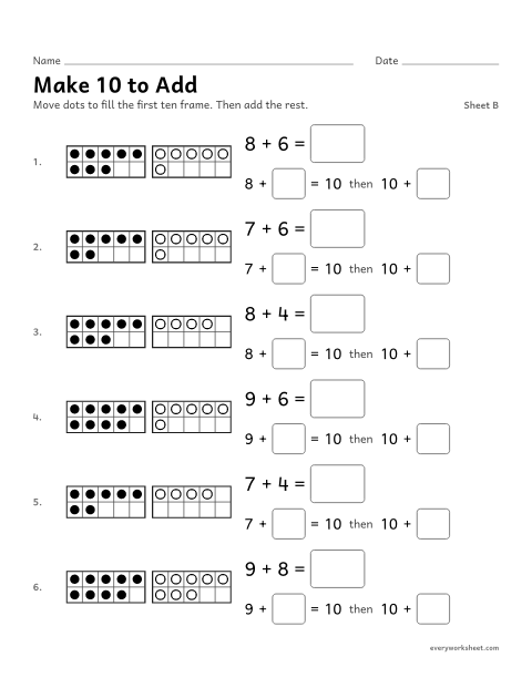 Preview of the printable “Make 10 to Add, sheet B” worksheet: making 10 to add (8 + 6 = 10 + 4)