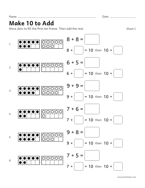 Preview of the printable “Make 10 to Add, sheet C” worksheet: making 10 to add (8 + 6 = 10 + 4)