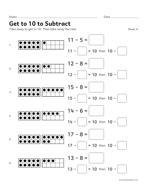 Preview of the printable “Get to 10 to Subtract, sheet A” worksheet: subtracting through 10 (13 − 4 = 13 − 3 − 1)