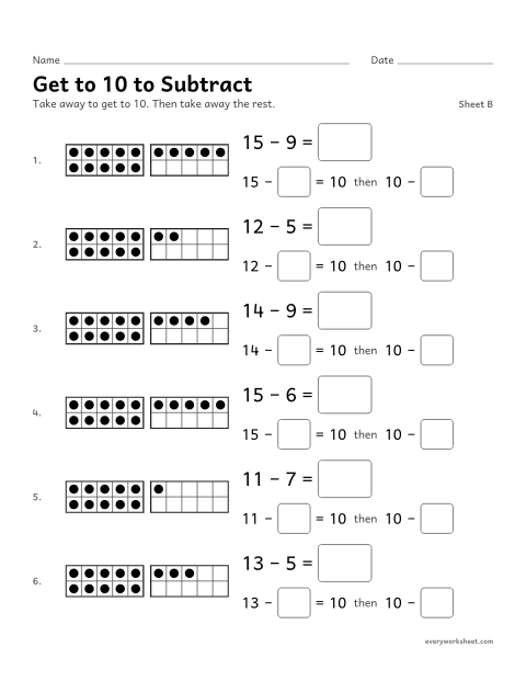 Preview of the printable “Get to 10 to Subtract, sheet B” worksheet: subtracting through 10 (13 − 4 = 13 − 3 − 1)