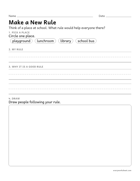 Preview of the printable “Make a new rule writing worksheet” worksheet: writing a rule and explaining why it helps a group